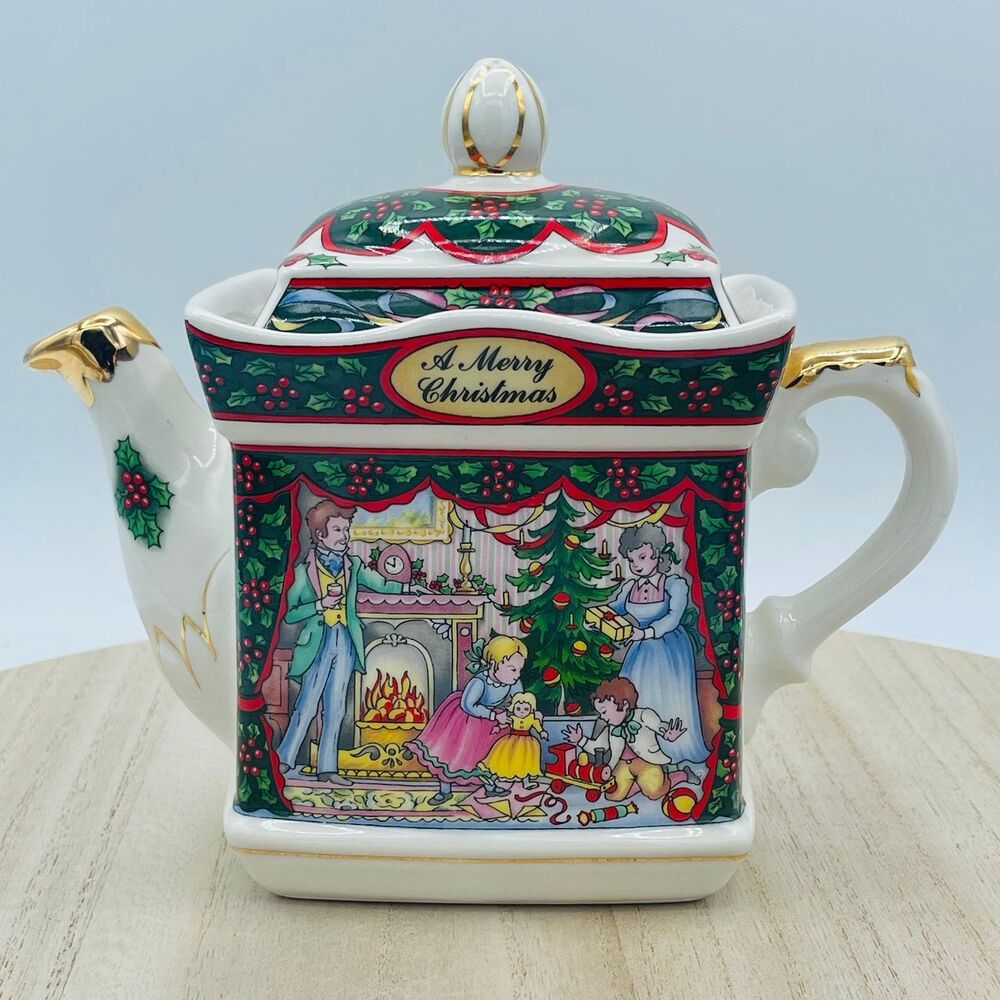 Vtg James Sadler Teapot Victorian Christmas Morning & Happy New Year England '92